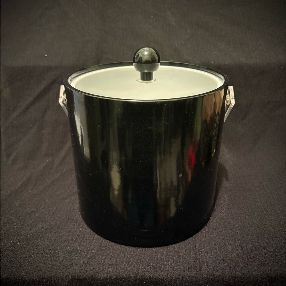 Culver Black Vinyl and Lucite Ice Bucket with Lid, Tongs, and Original Box